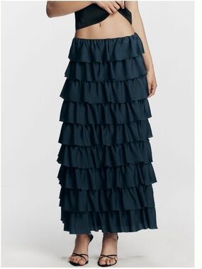 NWT Anthropologie Anthropologie Tiered Silken Maxi Skirt in Vintage Blue, M